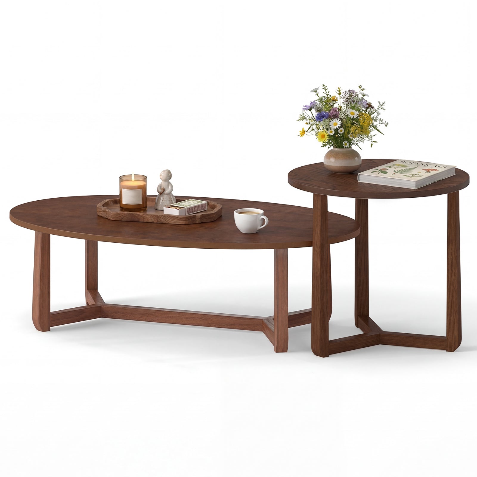 Nesting Coffee Table Set of 2 with Wood Veneered Top and Solid Rubber Wood Legs-Walnut