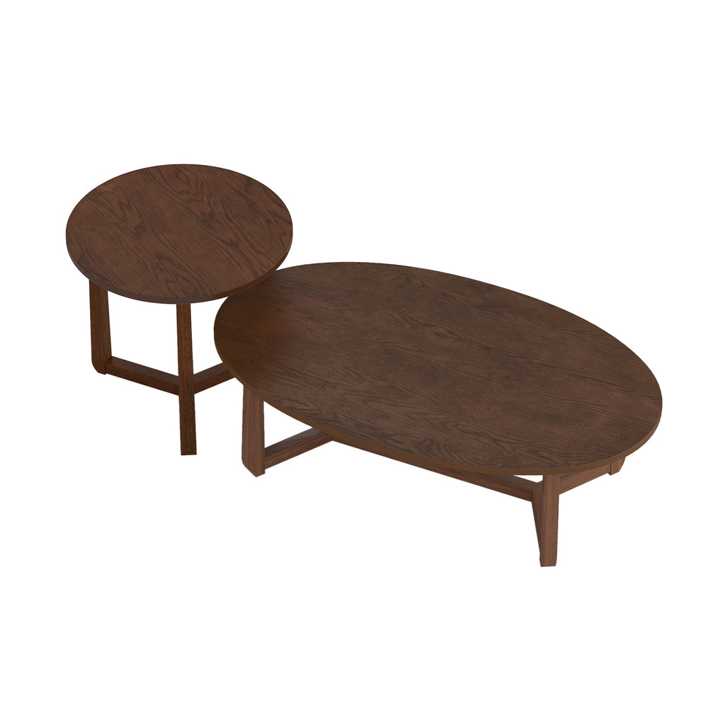 Nesting Coffee Table Set of 2 with Wood Veneered Top and Solid Rubber Wood Legs-Walnut