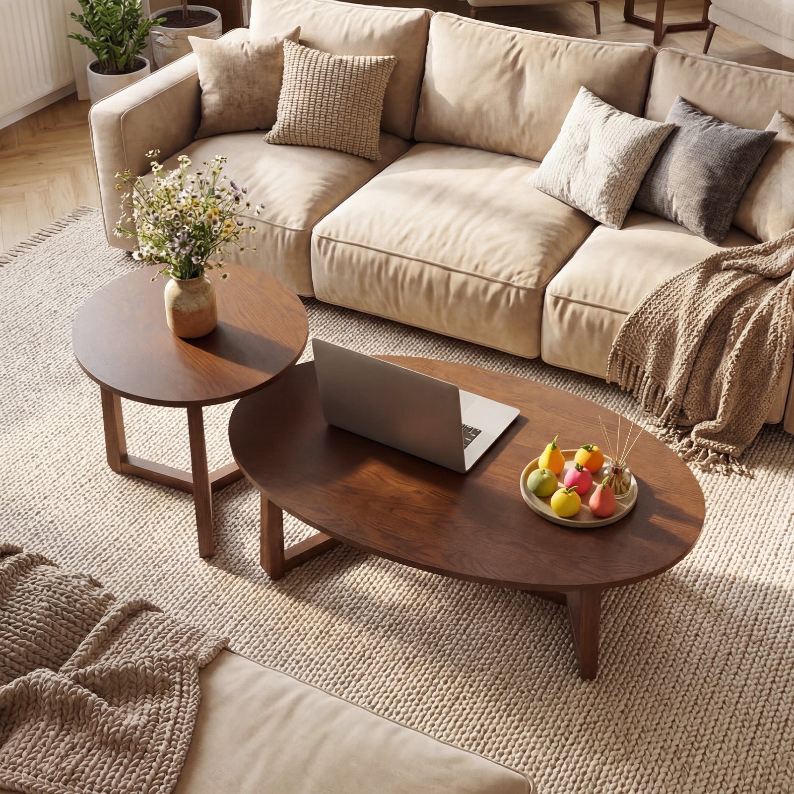 Nesting Coffee Table Set of 2 with Wood Veneered Top and Solid Rubber Wood Legs-Walnut