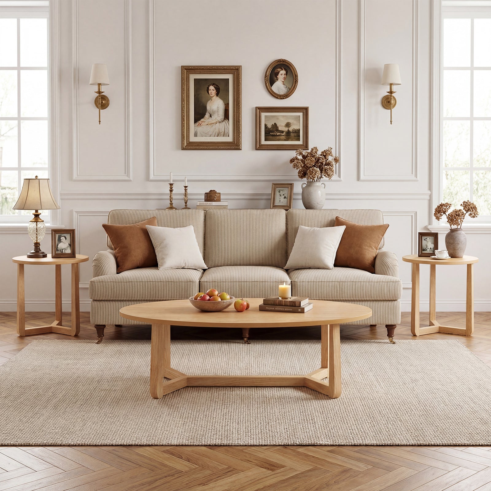 Nesting Coffee Table Set of 3 with Wood Veneered Top and Solid Rubber Wood Legs for Living Room-Natural