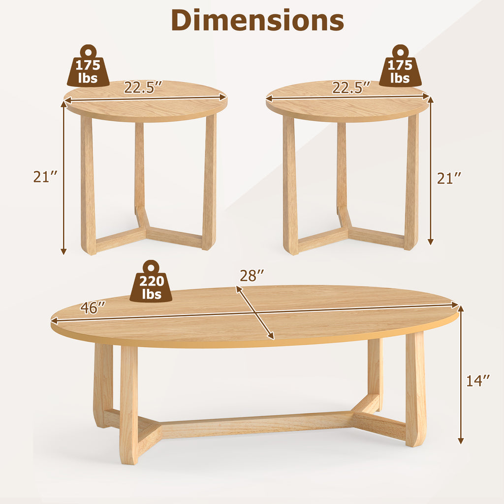 Nesting Coffee Table Set of 3 with Wood Veneered Top and Solid Rubber Wood Legs for Living Room-Natural