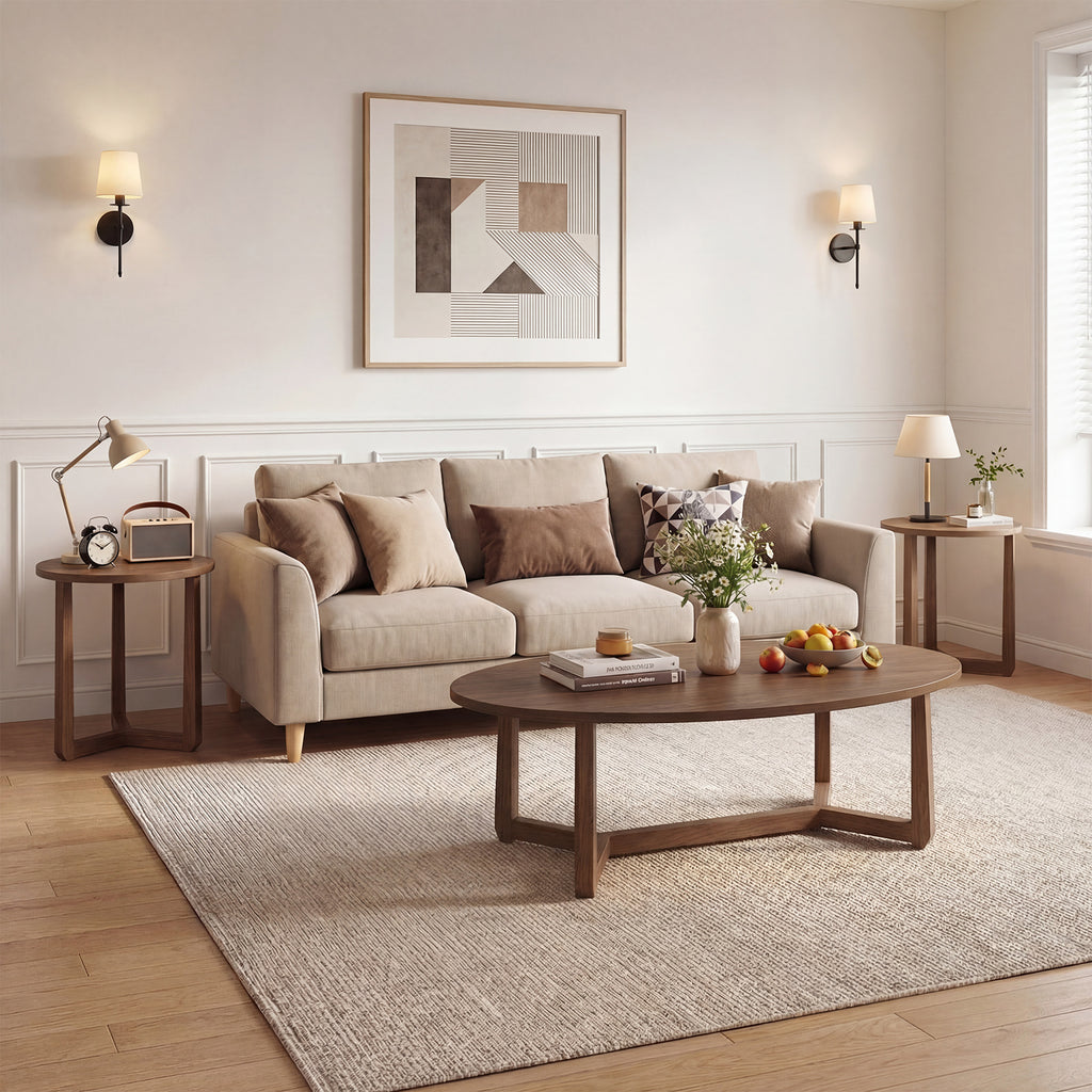 Nesting Coffee Table Set of 3 with Wood Veneered Top and Solid Rubber Wood Legs for Living Room-Walnut