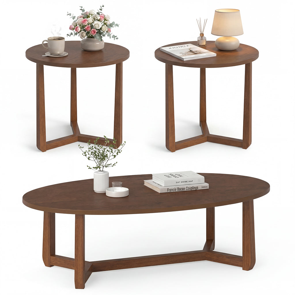 Nesting Coffee Table Set of 3 with Wood Veneered Top and Solid Rubber Wood Legs for Living Room-Walnut