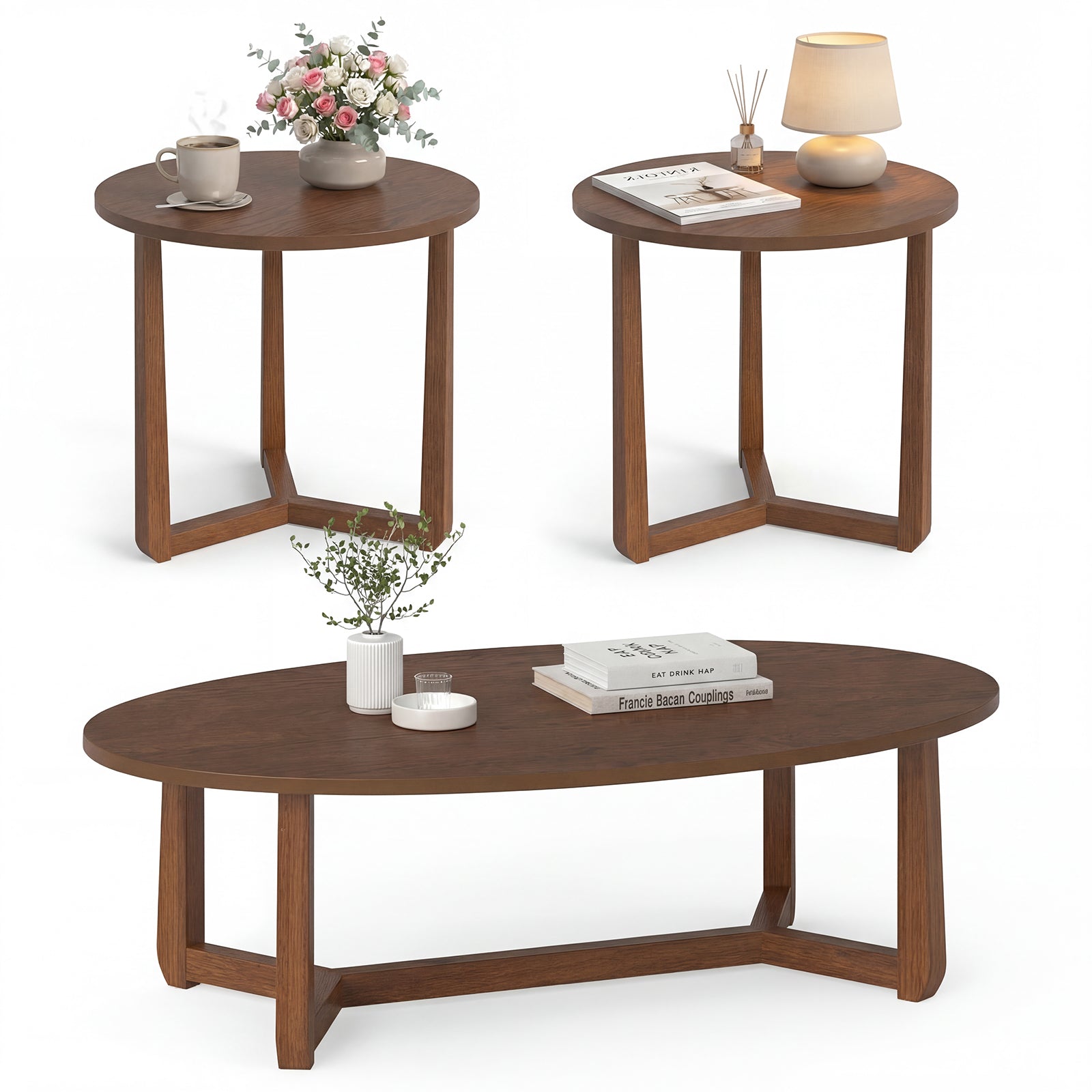 Nesting Coffee Table Set of 3 with Wood Veneered Top and Solid Rubber Wood Legs for Living Room-Walnut