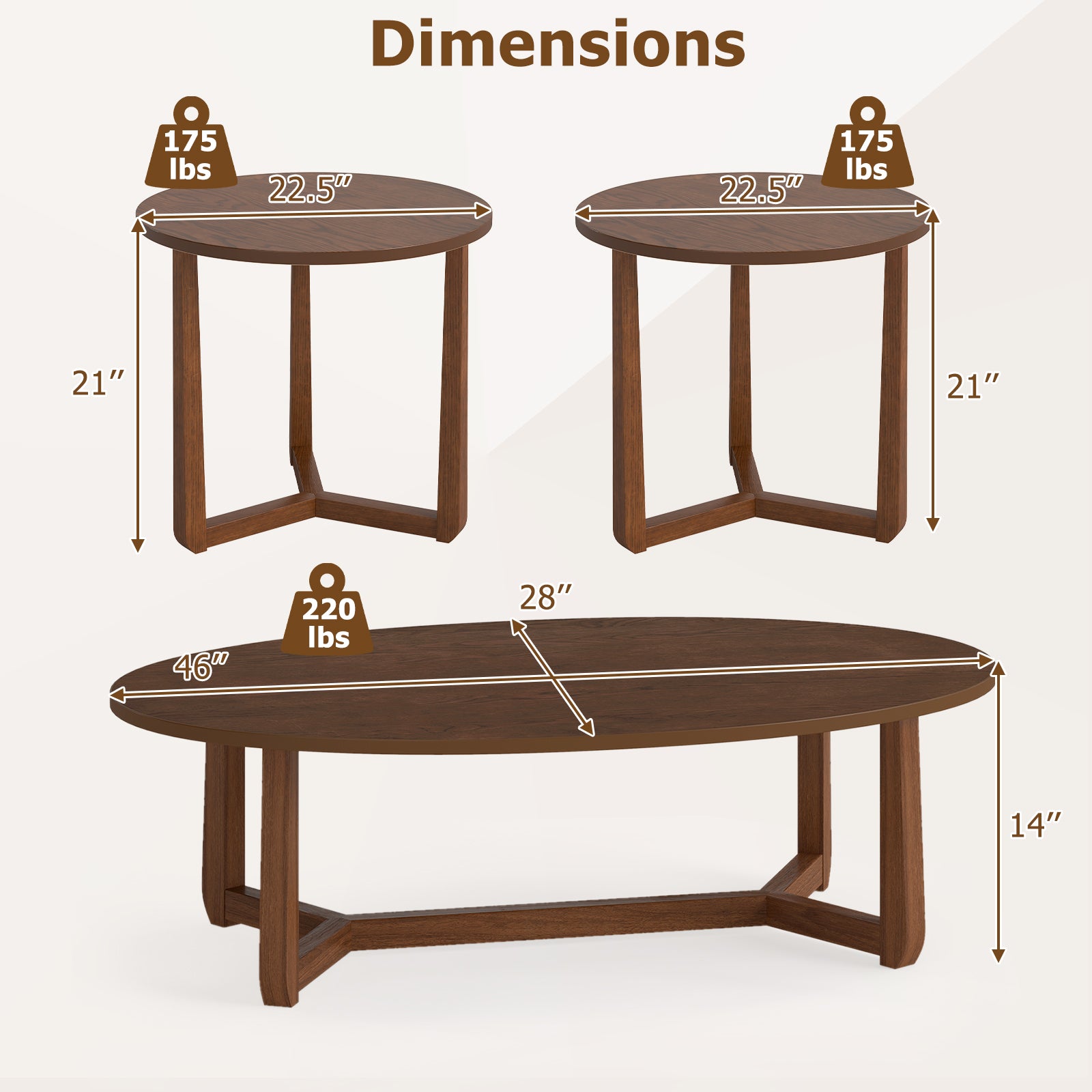 Nesting Coffee Table Set of 3 with Wood Veneered Top and Solid Rubber Wood Legs for Living Room-Walnut