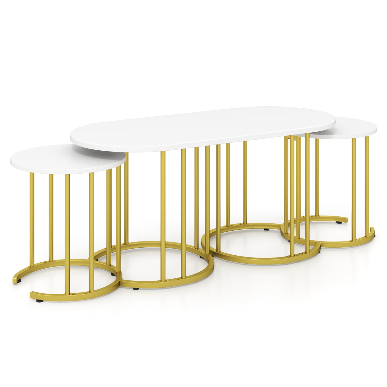 Nesting Coffee Table Set of 3 with Faux Marble Tabletop and Powder-coated Gold Metal Frame-White