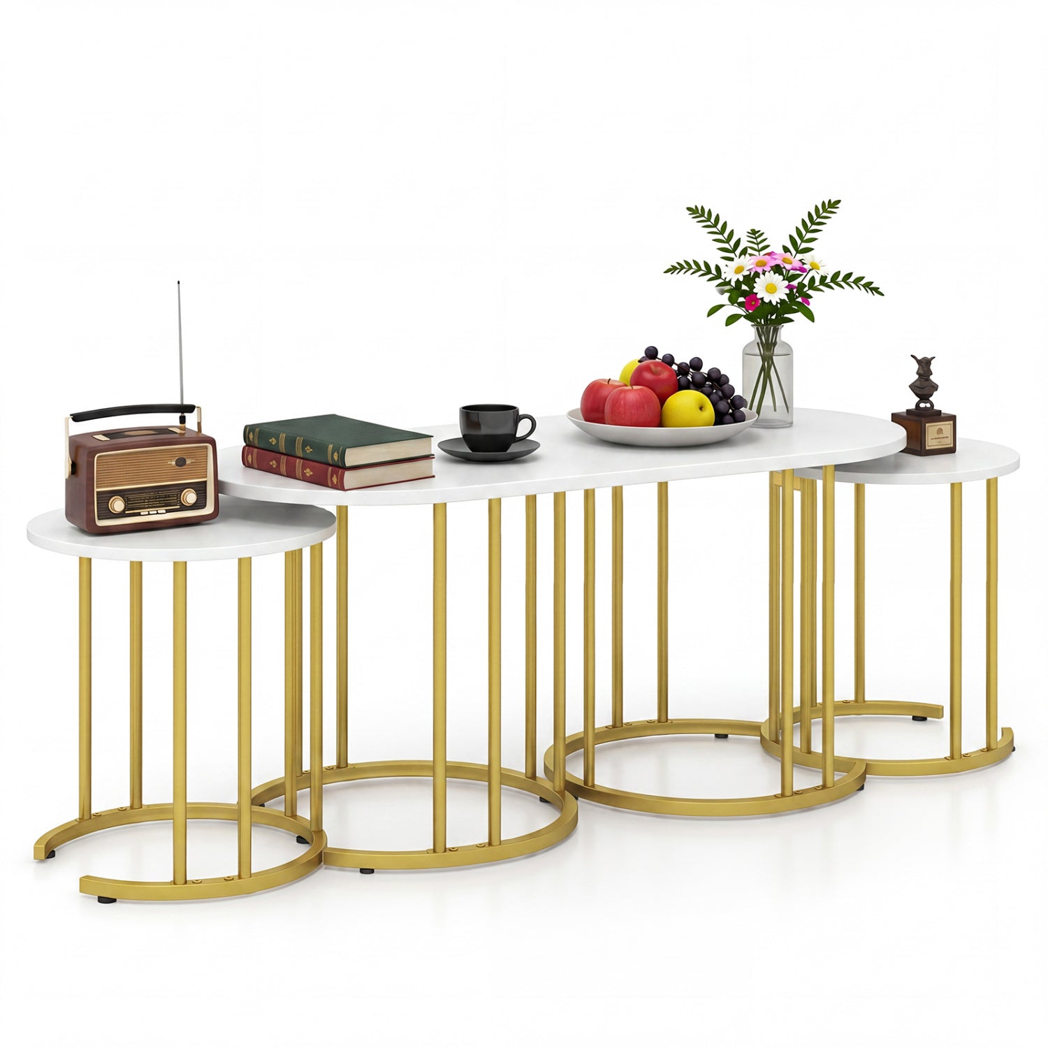 Nesting Coffee Table Set of 3 with Faux Marble Tabletop and Powder-coated Gold Metal Frame-White