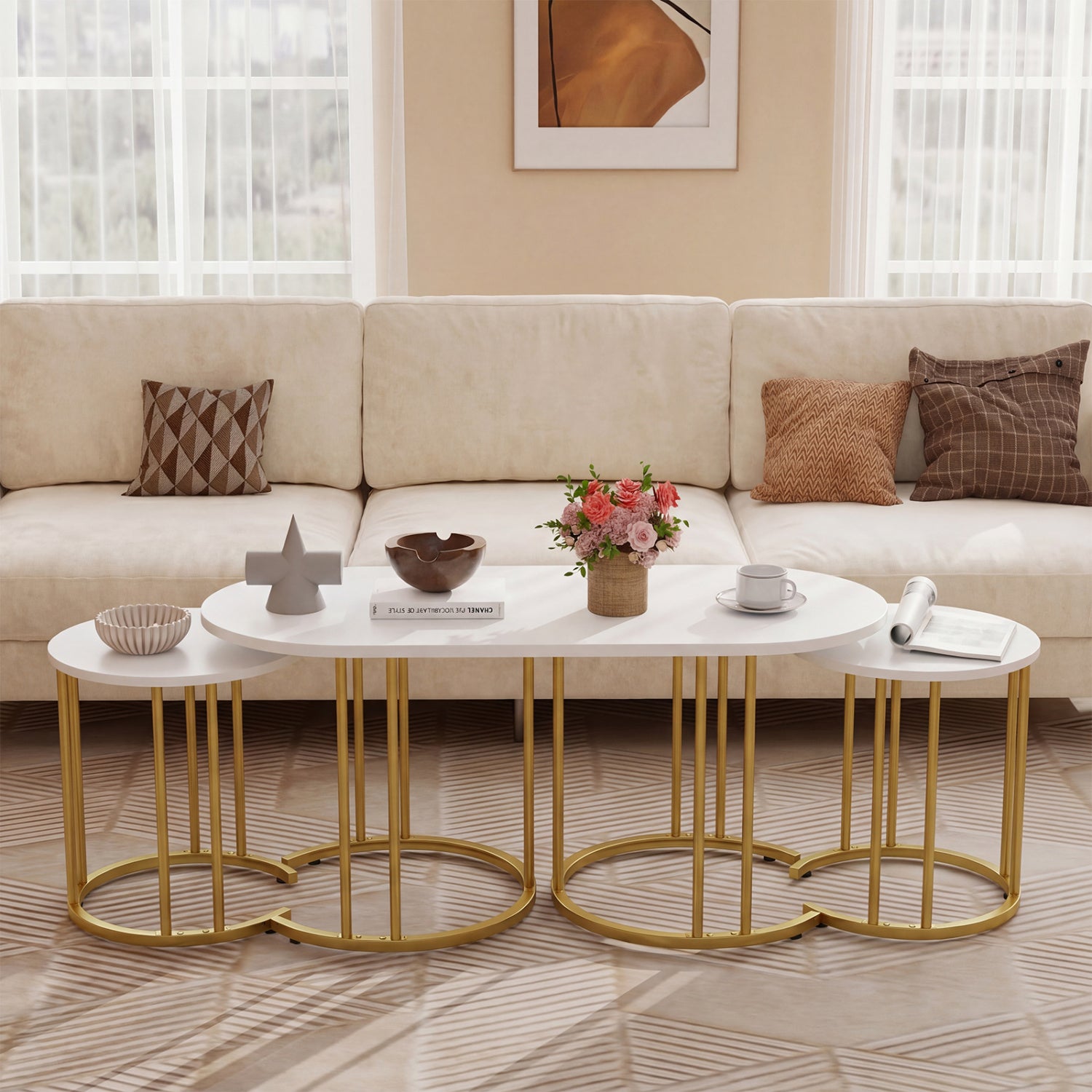 Nesting Coffee Table Set of 3 with Faux Marble Tabletop and Powder-coated Gold Metal Frame-White