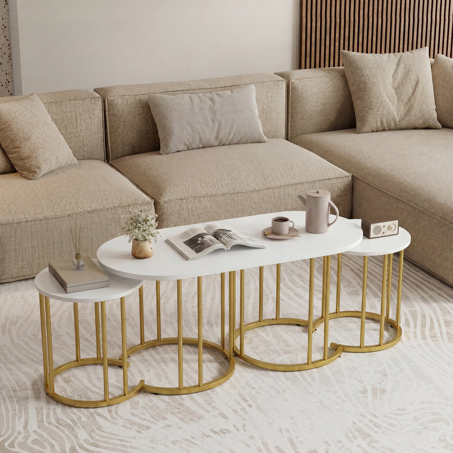 Nesting Coffee Table Set of 3 with Faux Marble Tabletop and Powder-coated Gold Metal Frame-White