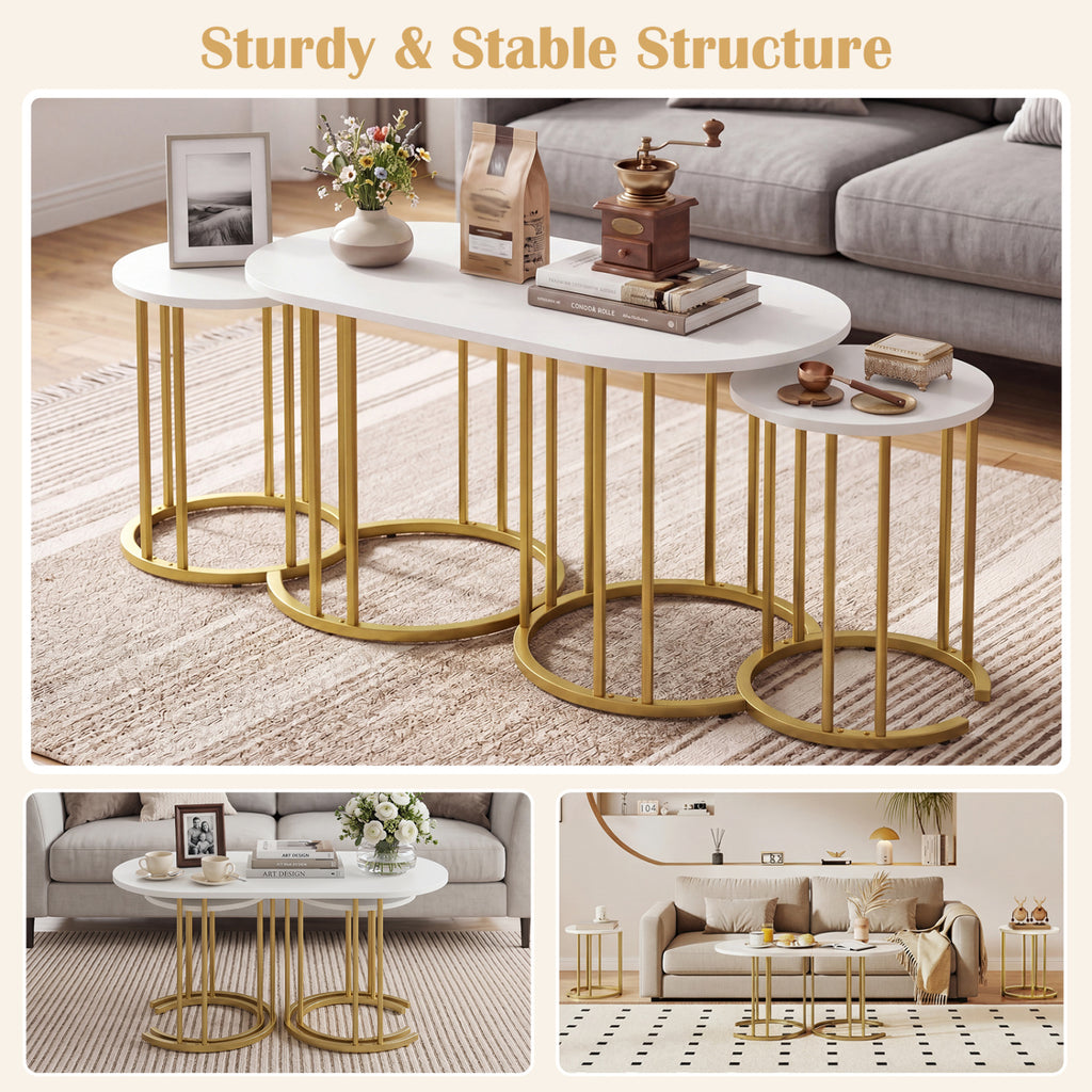 Nesting Coffee Table Set of 3 with Faux Marble Tabletop and Powder-coated Gold Metal Frame-White