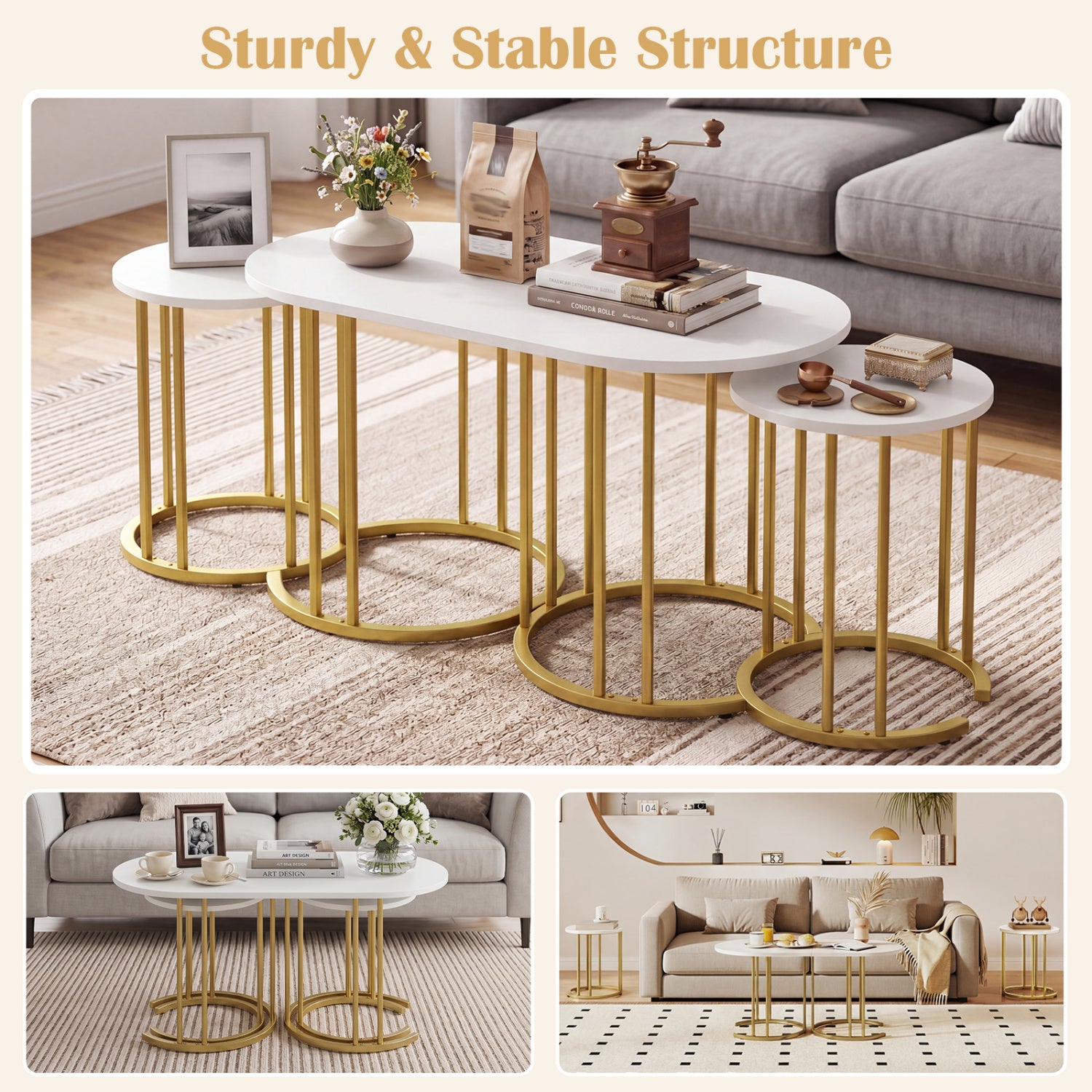 Nesting Coffee Table Set of 3 with Faux Marble Tabletop and Powder-coated Gold Metal Frame-White