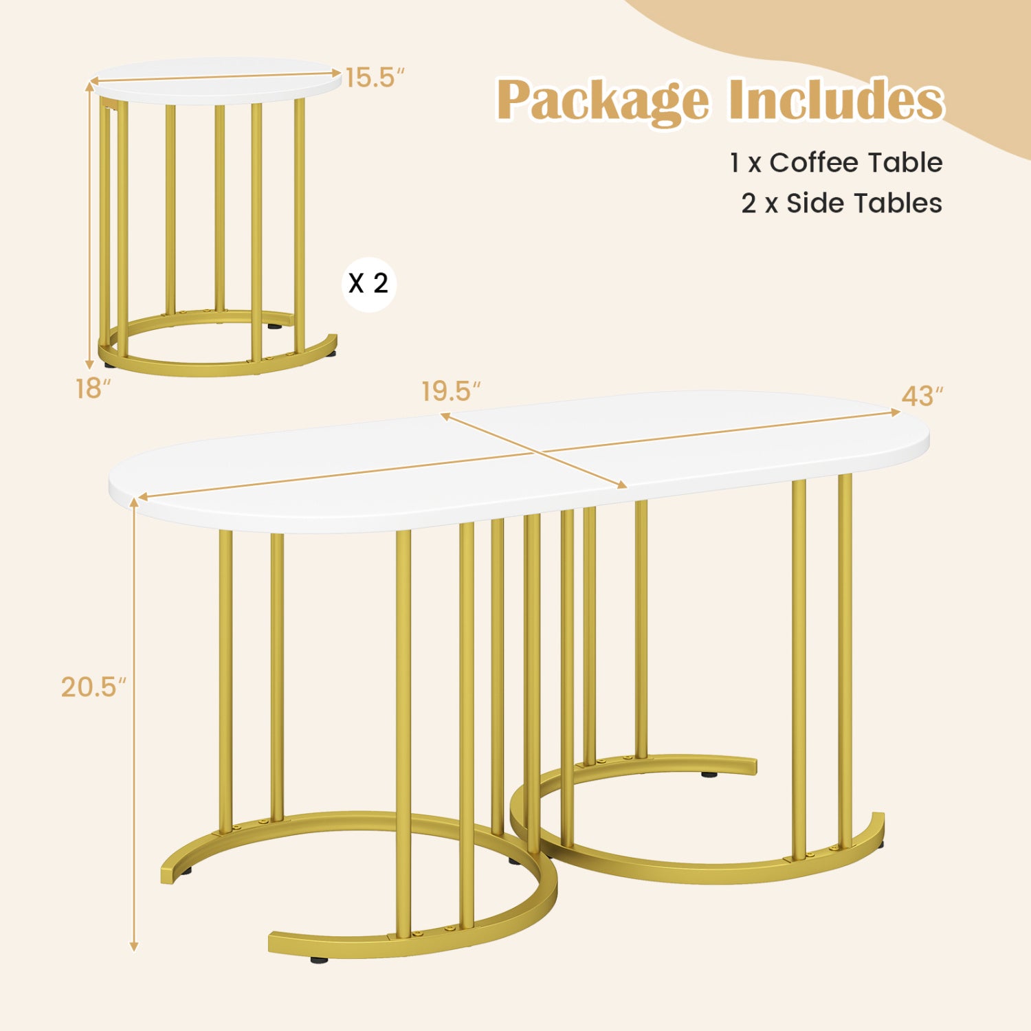 Nesting Coffee Table Set of 3 with Faux Marble Tabletop and Powder-coated Gold Metal Frame-White