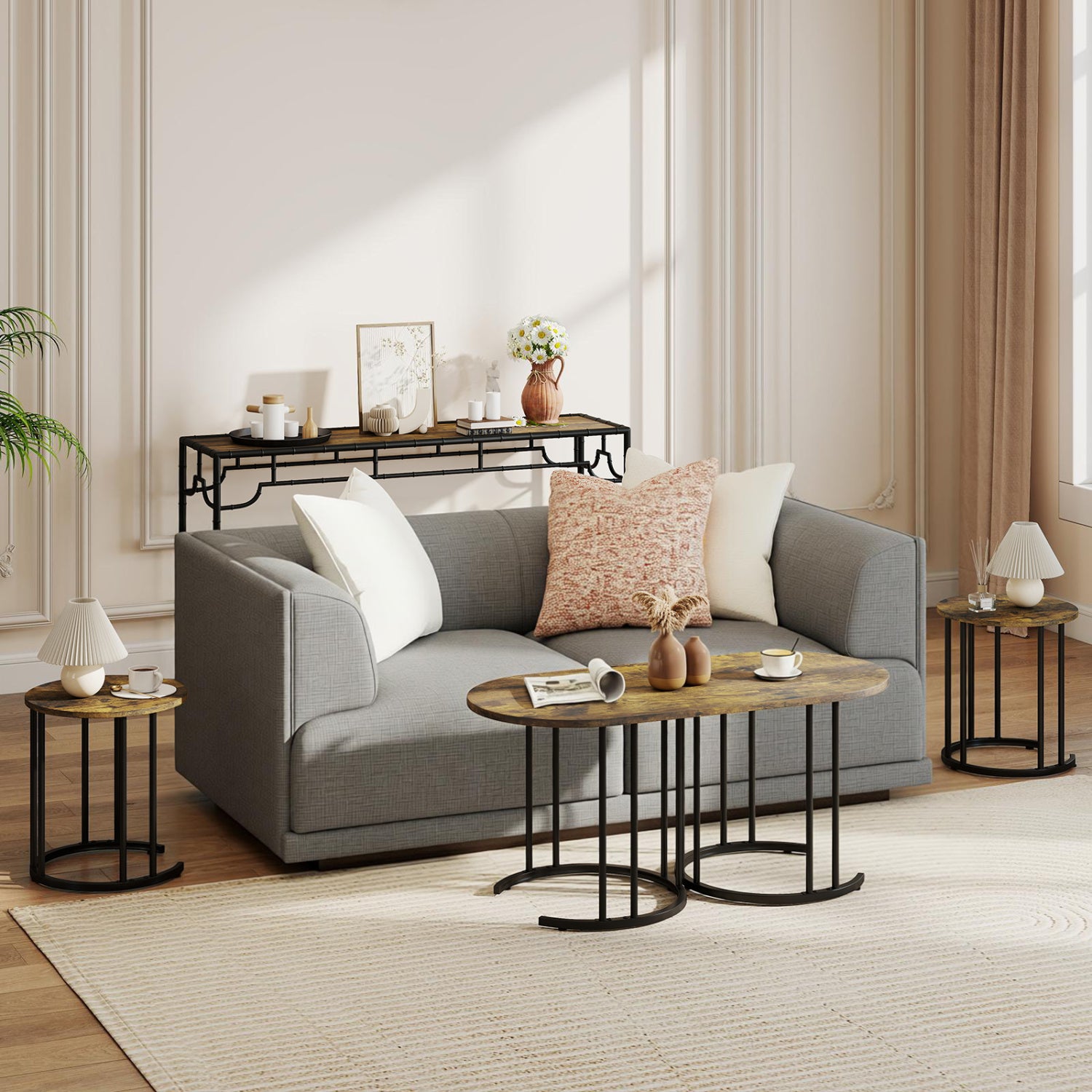 Nesting Coffee Table Set of 3 with Faux Marble Tabletop and Powder-coated Gold Metal Frame-Rustic Brown