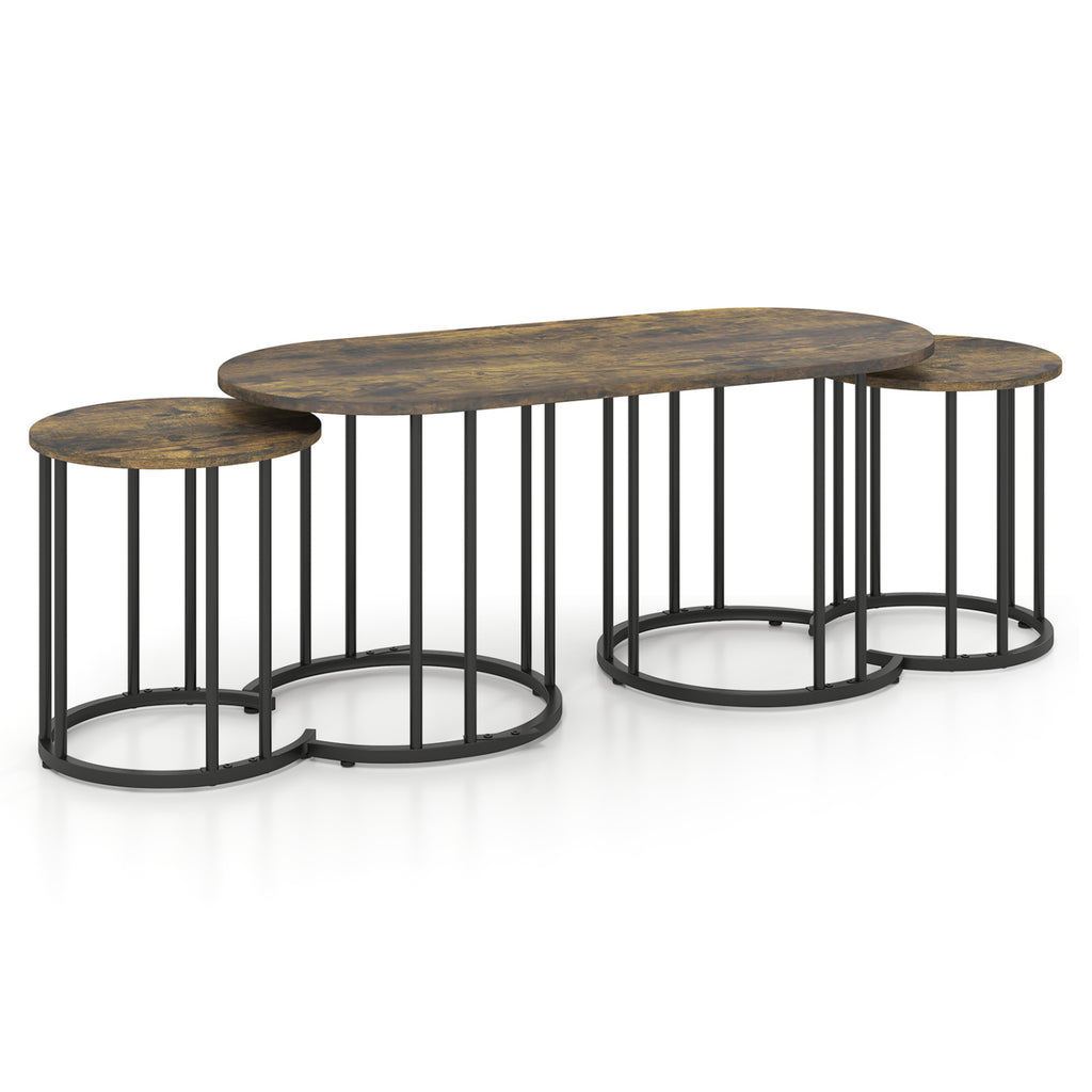 Nesting Coffee Table Set of 3 with Faux Marble Tabletop and Powder-coated Gold Metal Frame-Rustic Brown