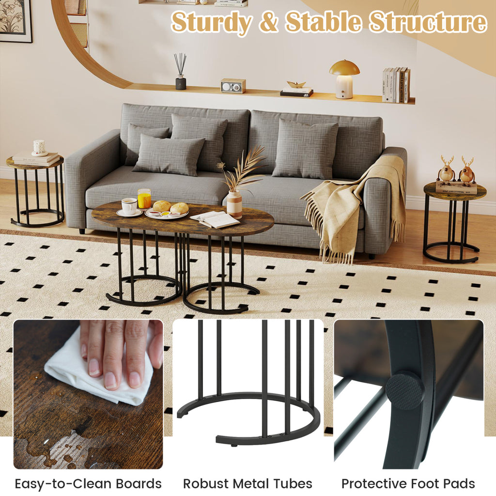 Nesting Coffee Table Set of 3 with Faux Marble Tabletop and Powder-coated Gold Metal Frame-Rustic Brown