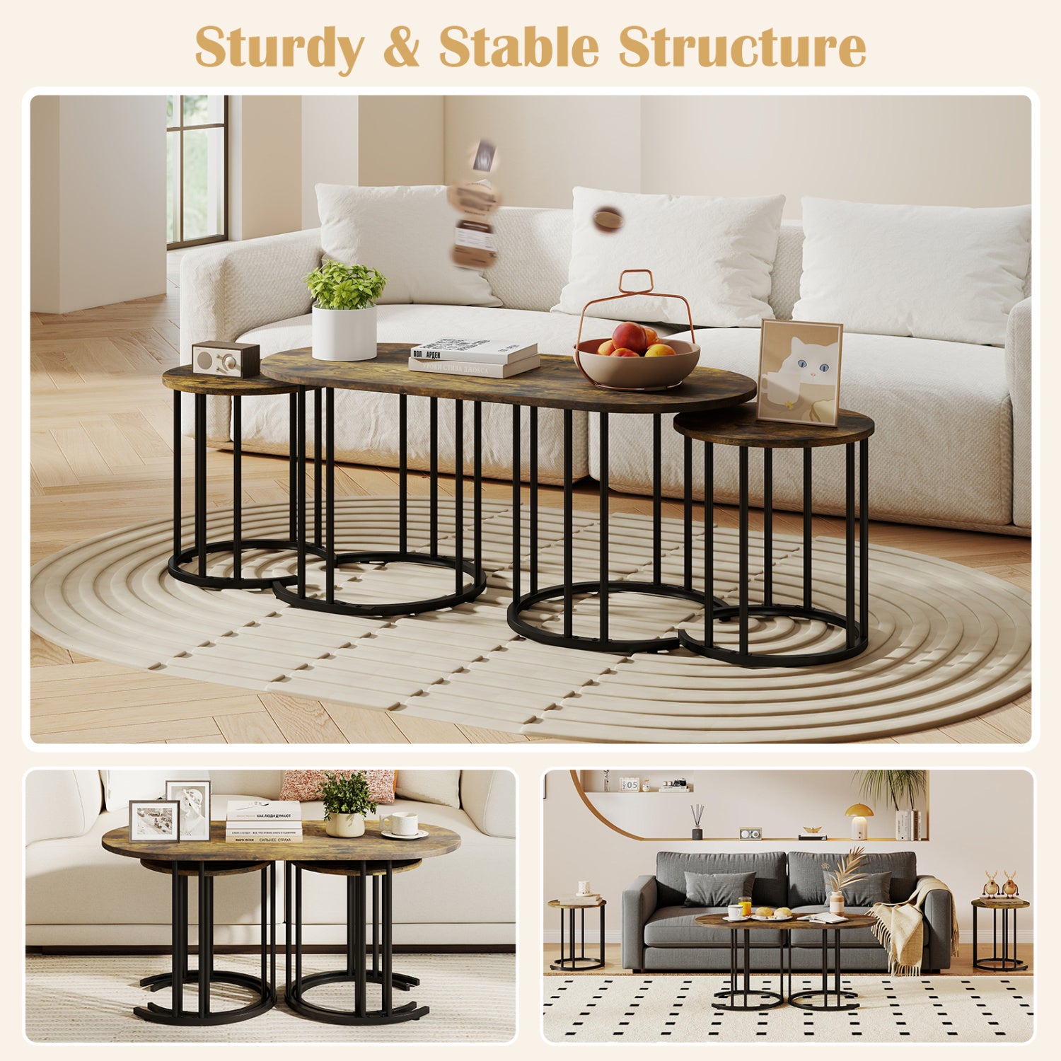 Nesting Coffee Table Set of 3 with Faux Marble Tabletop and Powder-coated Gold Metal Frame-Rustic Brown