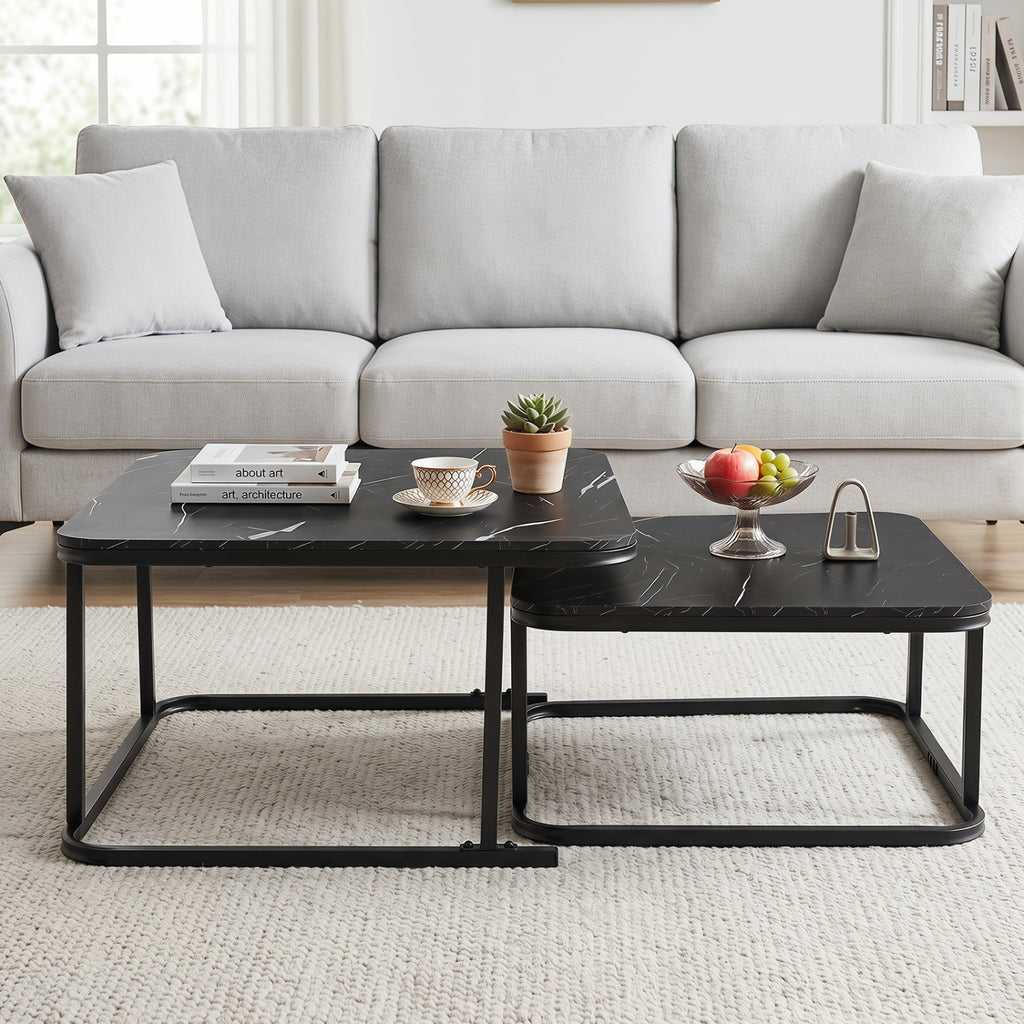 Nesting Coffee Table Set of 2 with Faux Marble Top and Metal Frame-Black