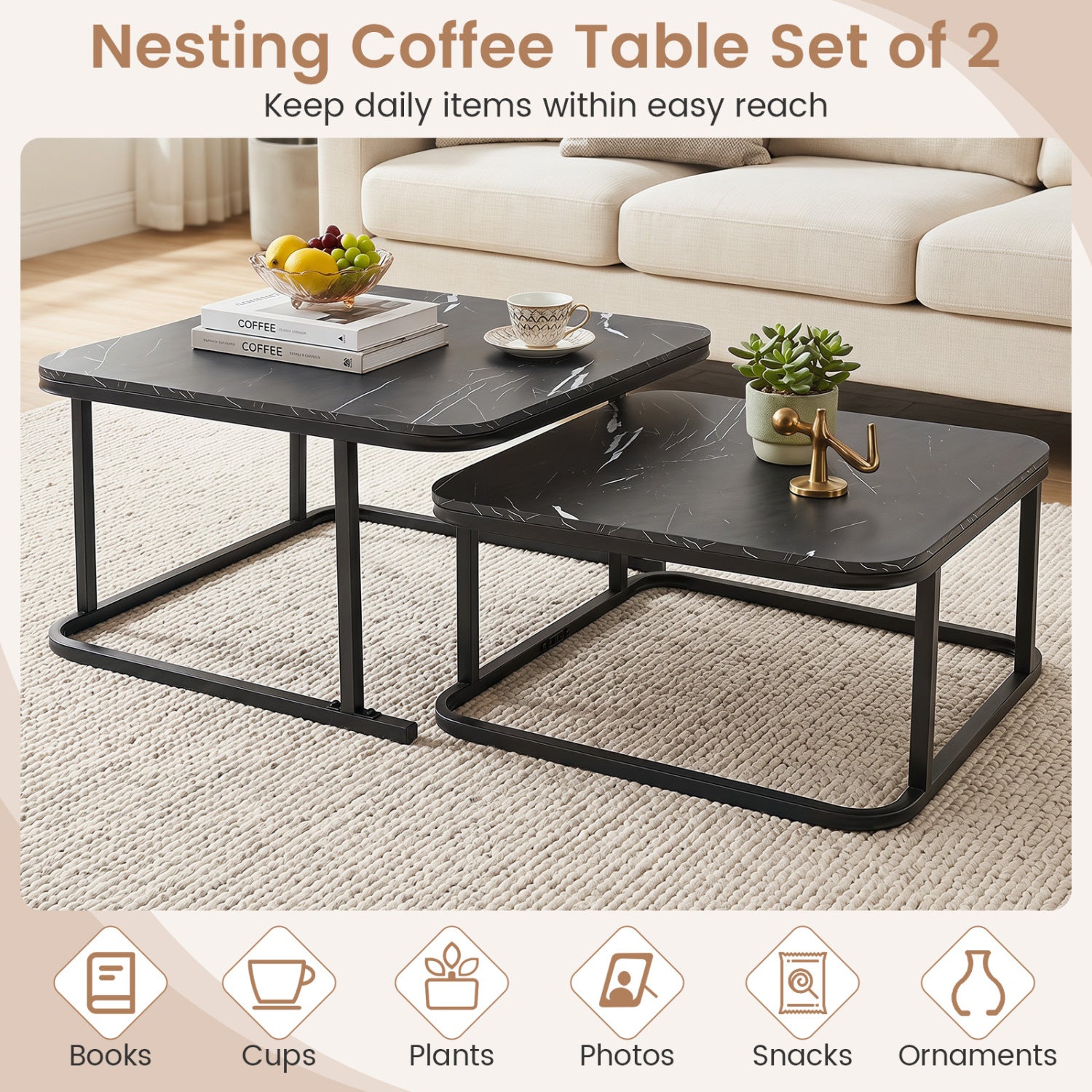 Nesting Coffee Table Set of 2 with Faux Marble Top and Metal Frame-Black