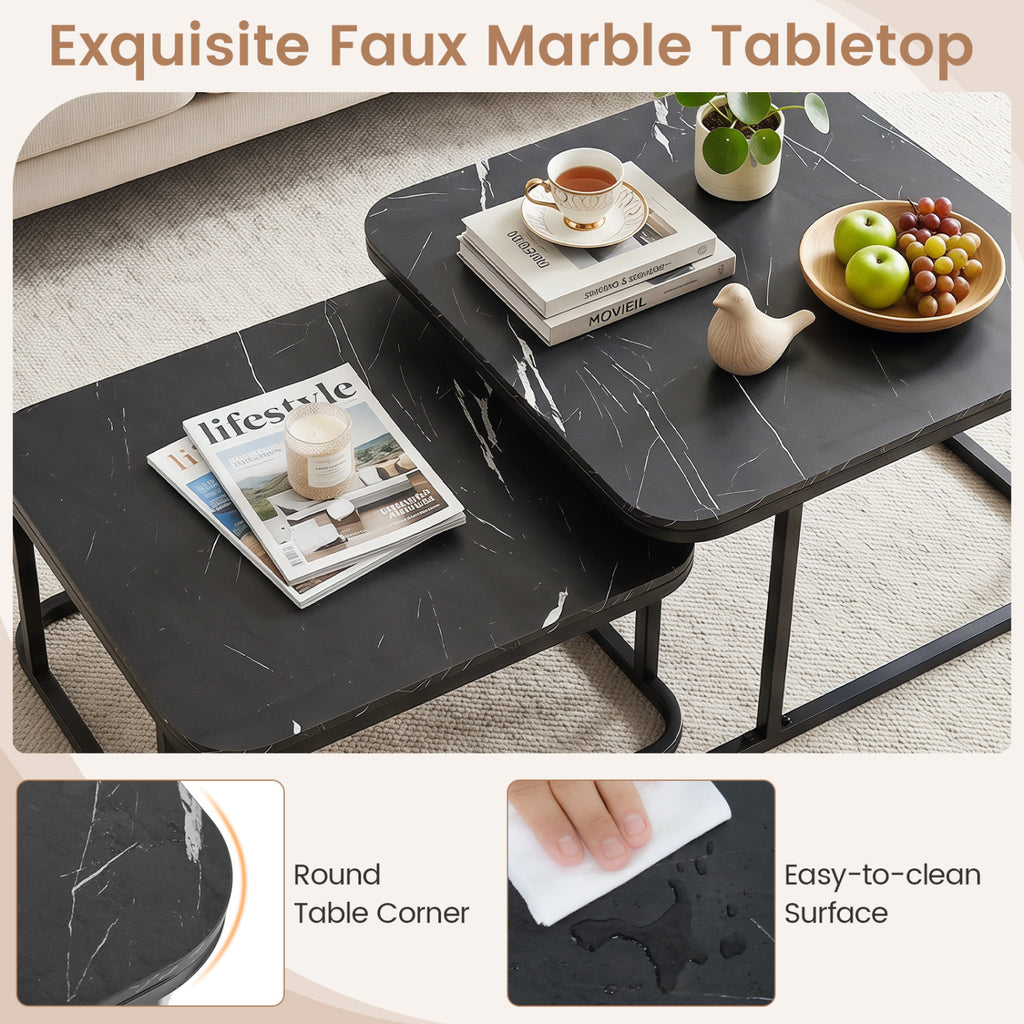 Nesting Coffee Table Set of 2 with Faux Marble Top and Metal Frame-Black