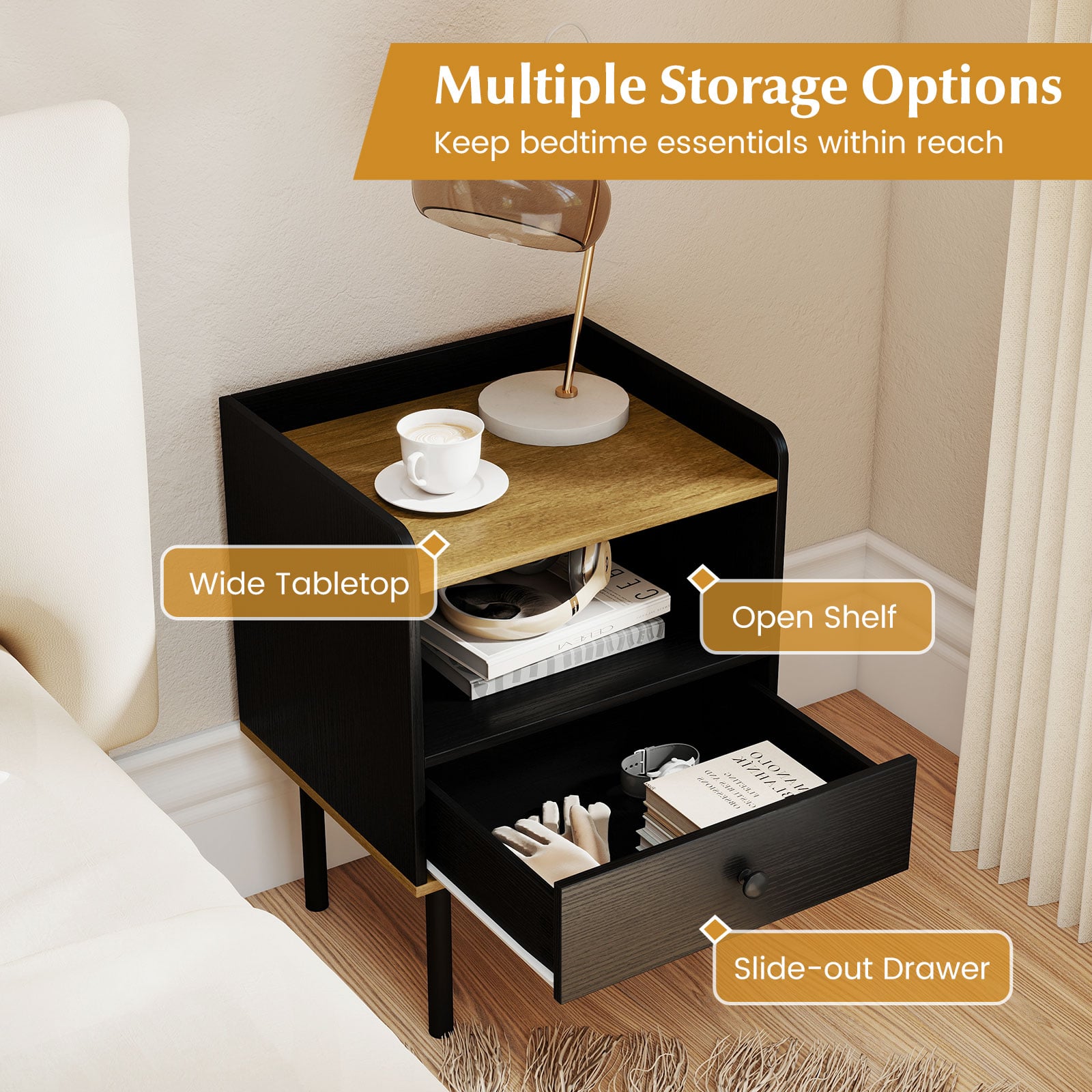 Nightstand Bedside End Table with Drawer and Open Shelf for Living Room Bedroom-1 Piece