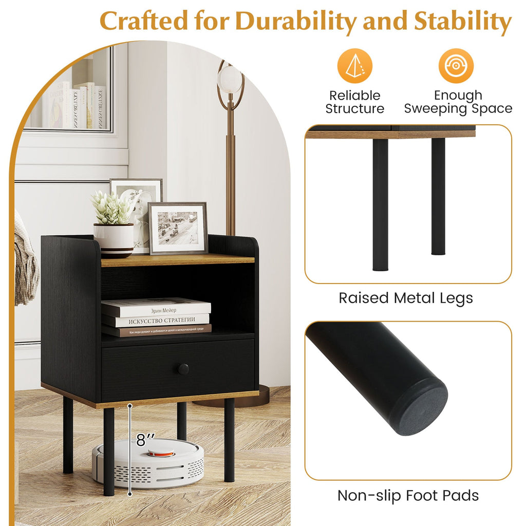 Nightstand Bedside End Table with Drawer and Open Shelf for Living Room Bedroom-1 Piece