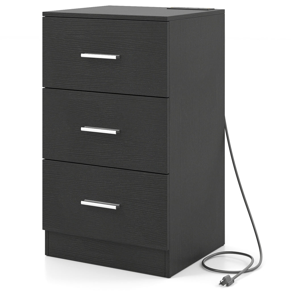 Nightstand with Charging Station End Table with 3 Storage Drawers Bedside Table for Bedroom-Black
