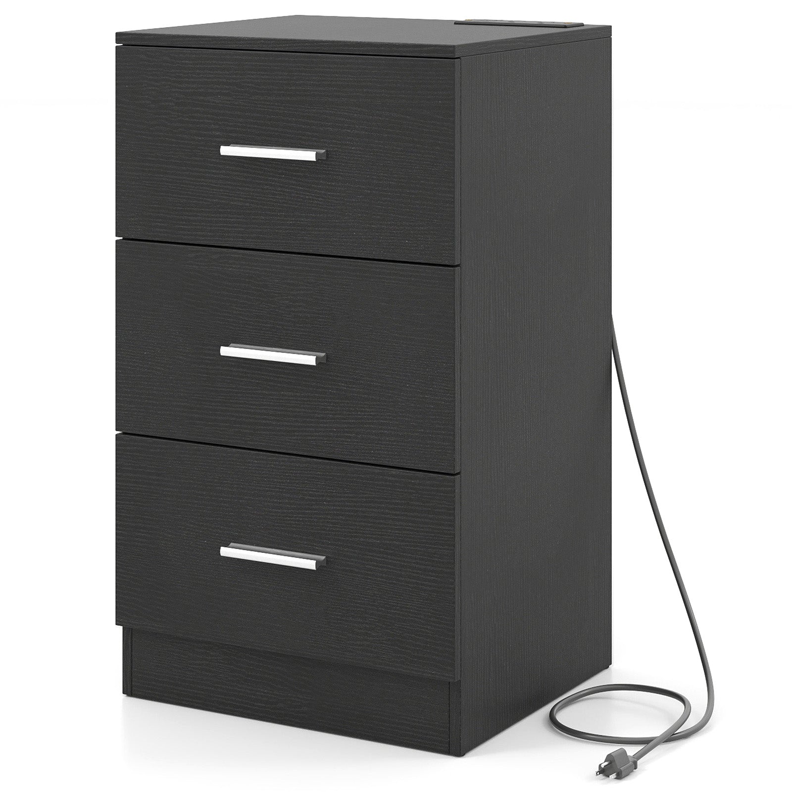 Nightstand with Charging Station End Table with 3 Storage Drawers Bedside Table for Bedroom-Black