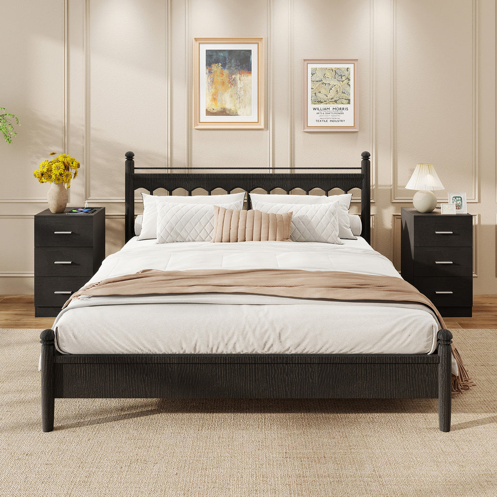 Nightstand with Charging Station End Table with 3 Storage Drawers Bedside Table for Bedroom-Black