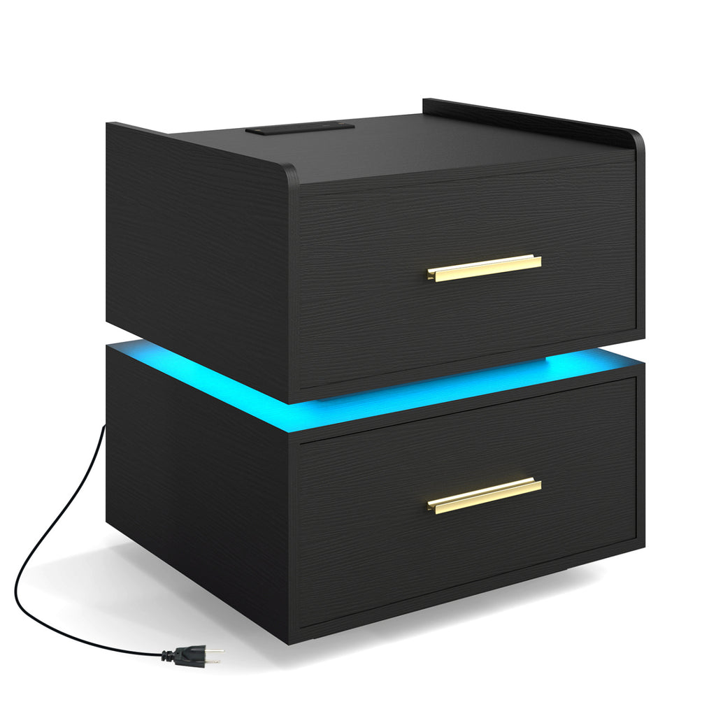 Nightstand with Charging Station LED Bedside Table with 2 Storage Drawers-Black