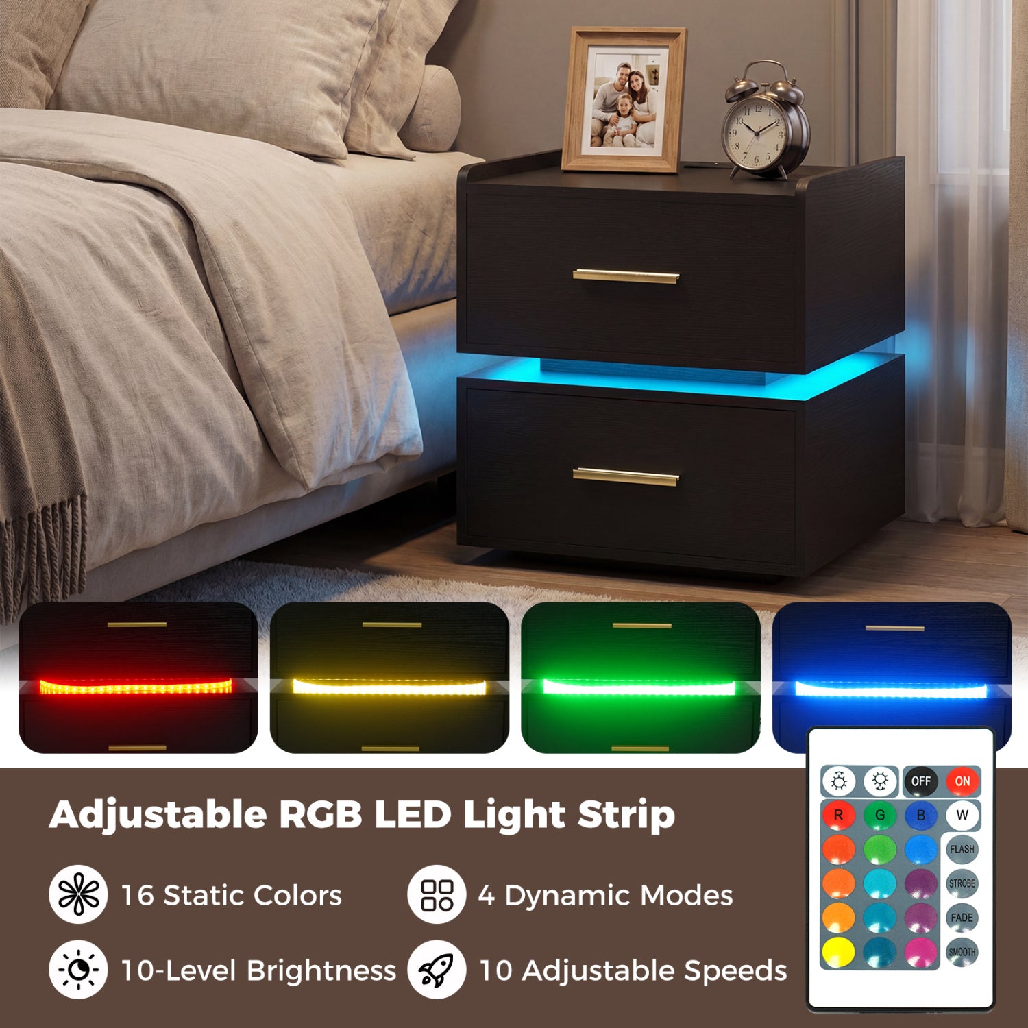 Nightstand with Charging Station LED Bedside Table with 2 Storage Drawers-Black