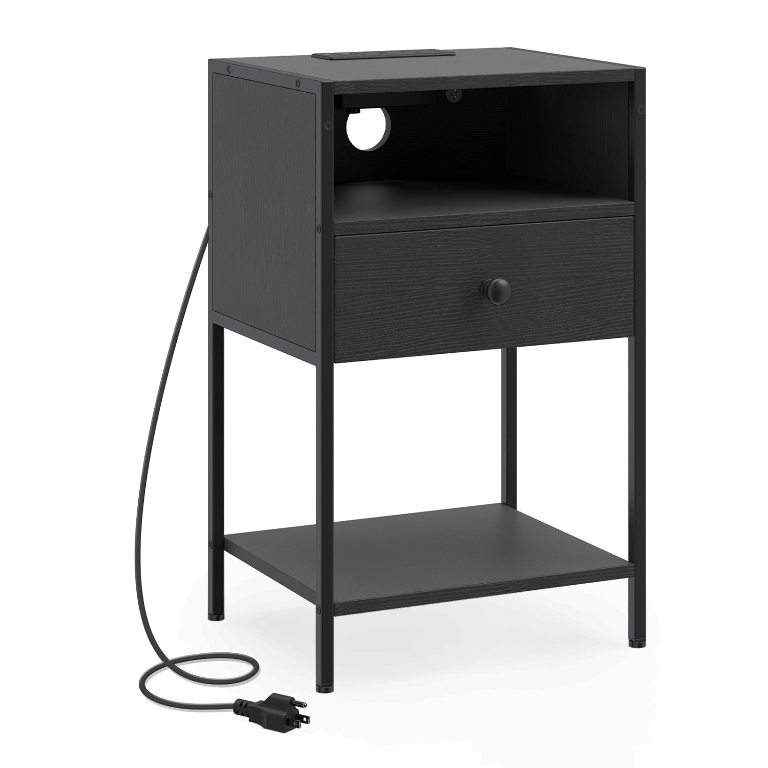 Nightstand with Charging Station Bedside Table with USB Ports and Outlets-Black
