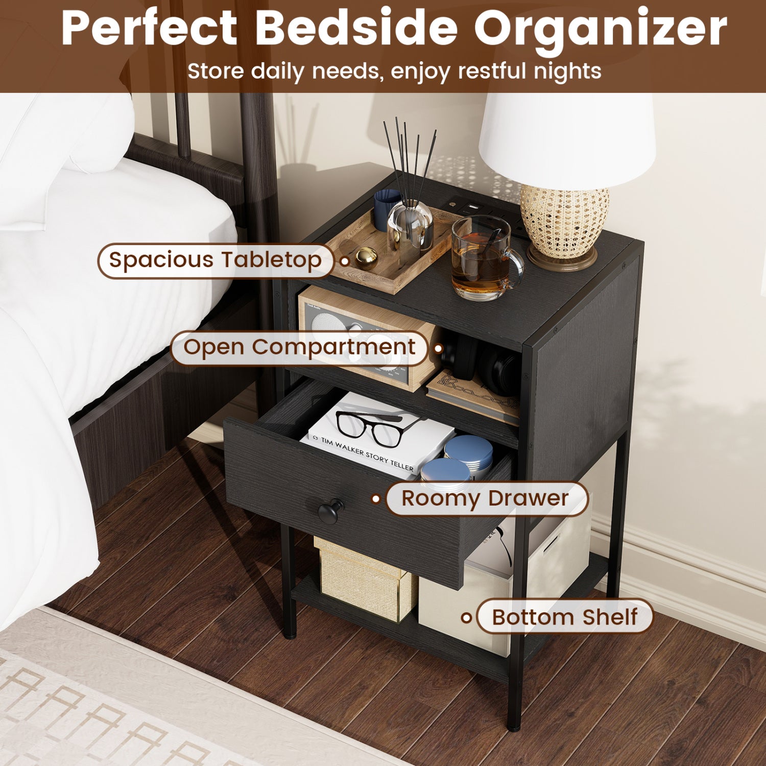 Nightstand with Charging Station Bedside Table with USB Ports and Outlets-Black