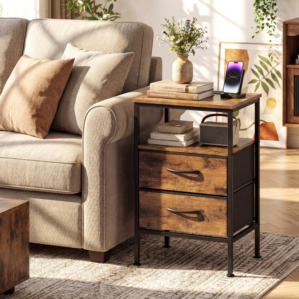 Nightstand with Charging Station 24.5 inch Modern Bedside Table with 2 Fabric Drawers-Rustic Brown
