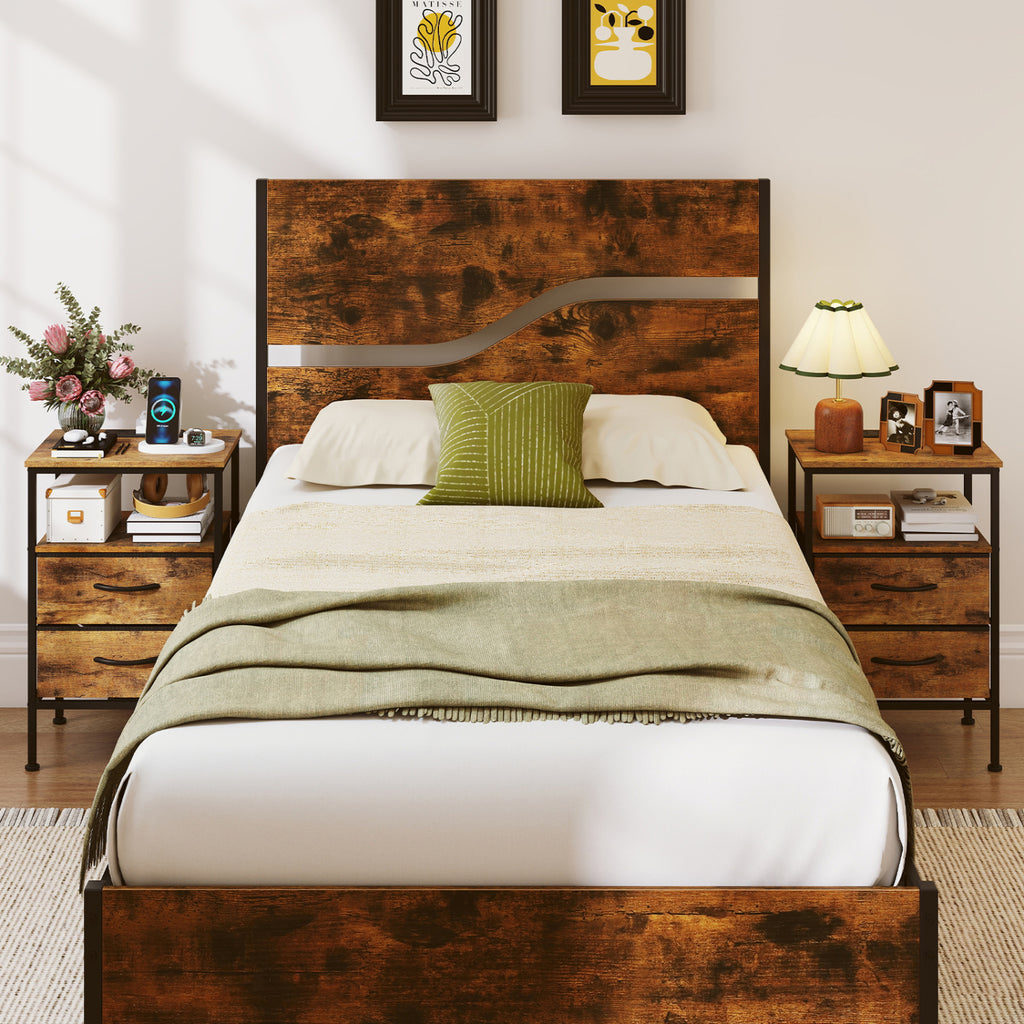 Nightstand with Charging Station 24.5 inch Modern Bedside Table with 2 Fabric Drawers-Rustic Brown