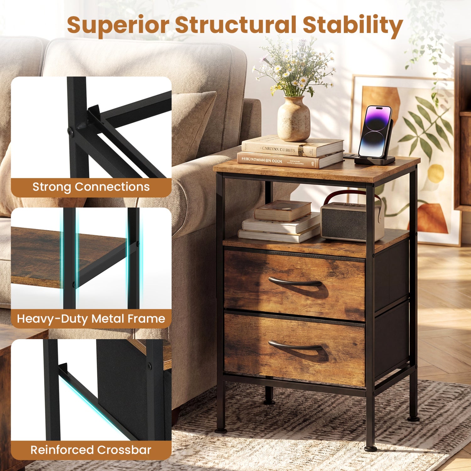 Nightstand with Charging Station 24.5 inch Modern Bedside Table with 2 Fabric Drawers-Rustic Brown