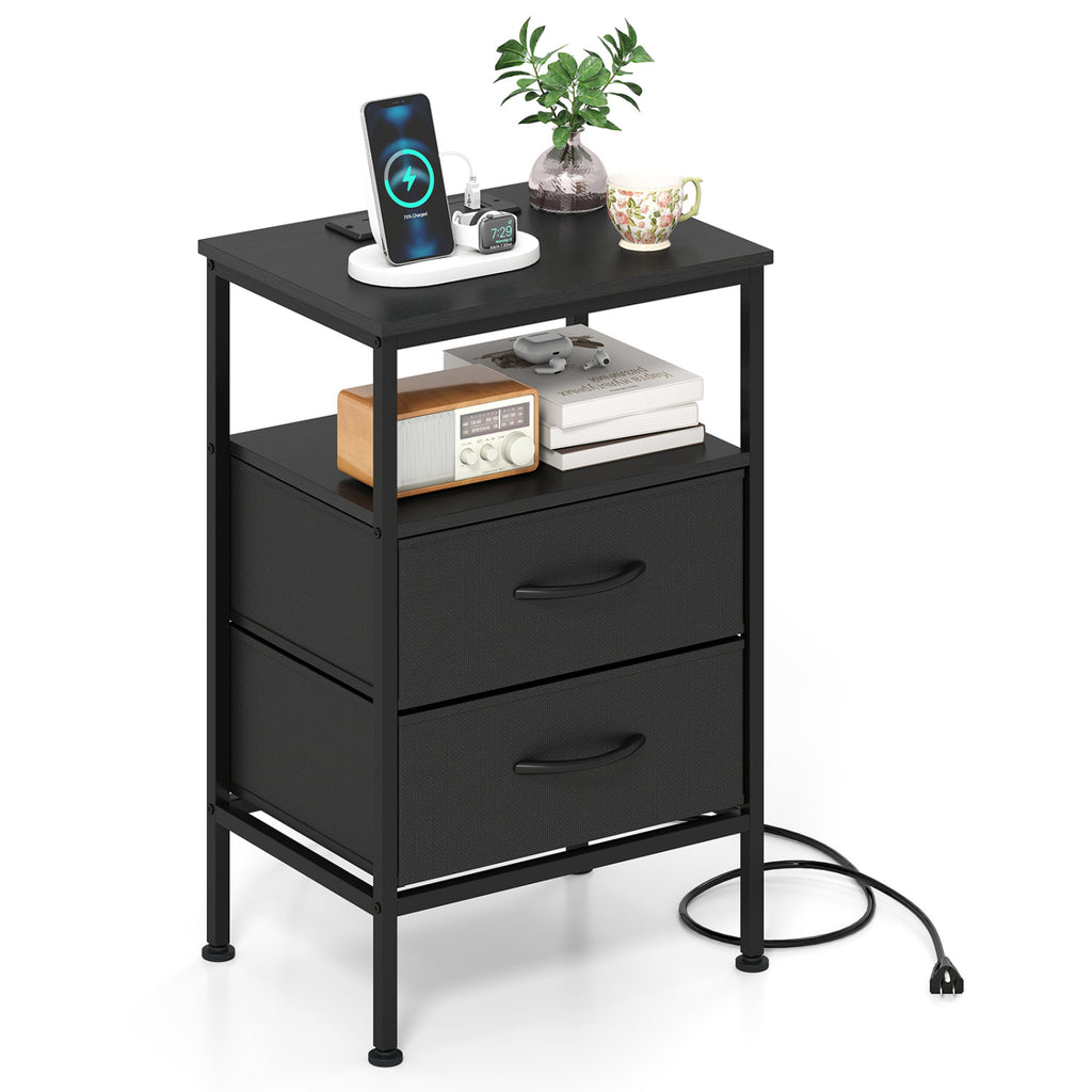 Nightstand with Charging Station 24.5 inch Modern Bedside Table with 2 Fabric Drawers-Black