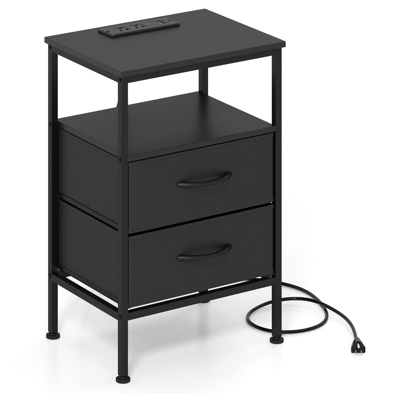 Nightstand with Charging Station 24.5 inch Modern Bedside Table with 2 Fabric Drawers-Black