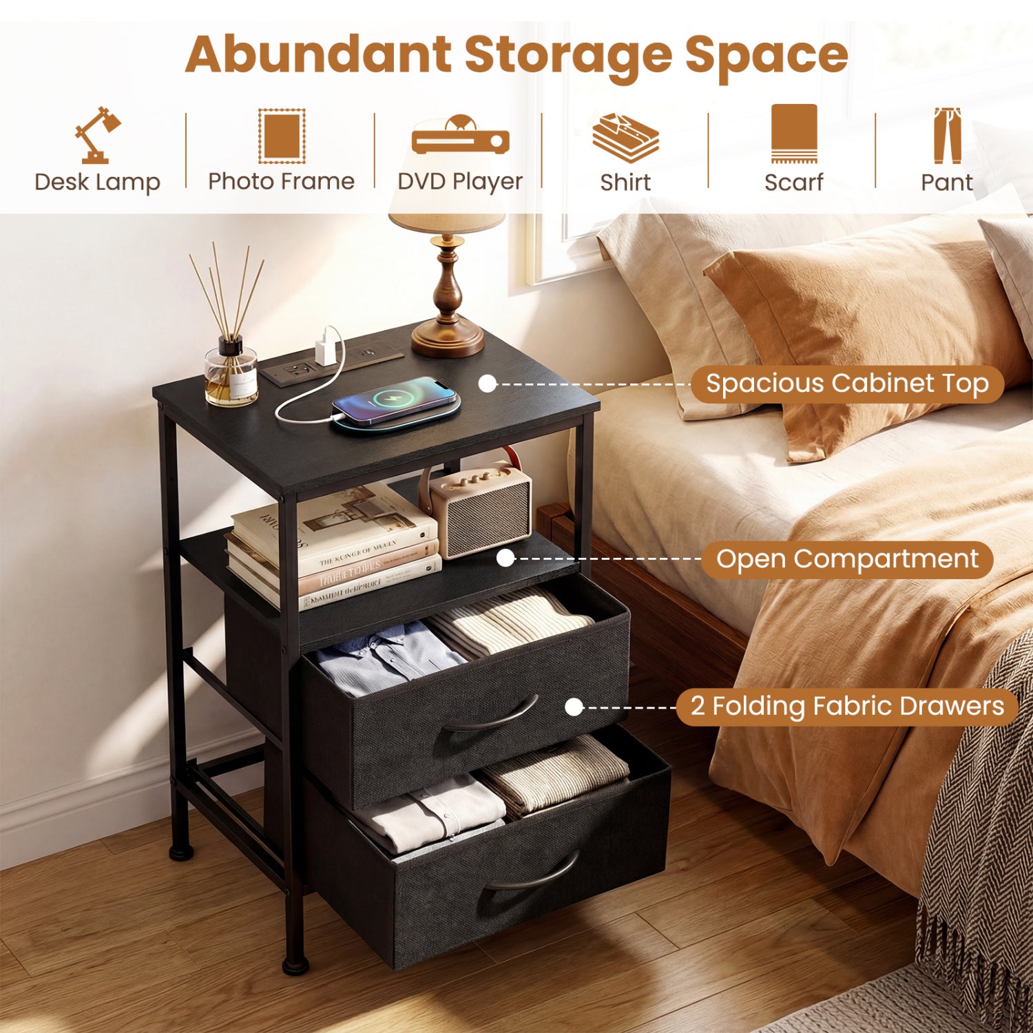 Nightstand with Charging Station 24.5 inch Modern Bedside Table with 2 Fabric Drawers-Black