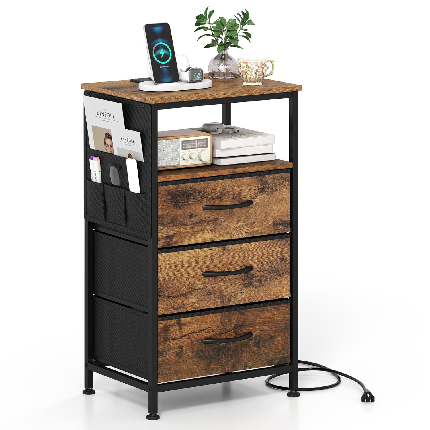 Nightstand with Charging Station 27.5 inch Modern Bedside Table with 3 Fabric Drawers-Rustic Brown