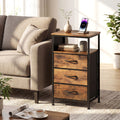 Nightstand with Charging Station 27.5 inch Modern Bedside Table with 3 Fabric Drawers-Rustic Brown