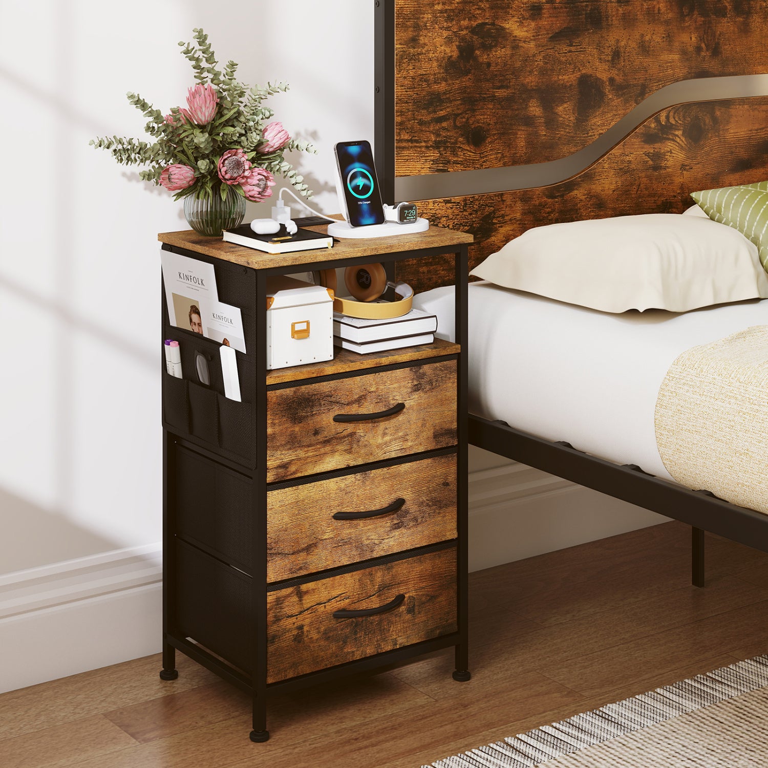 Nightstand with Charging Station 27.5 inch Modern Bedside Table with 3 Fabric Drawers-Rustic Brown