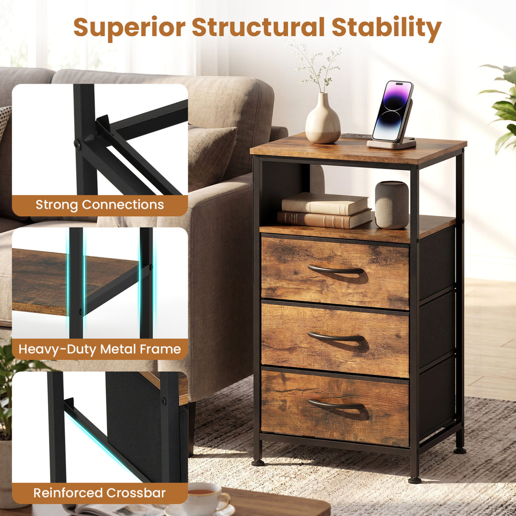 Nightstand with Charging Station 27.5 inch Modern Bedside Table with 3 Fabric Drawers-Rustic Brown