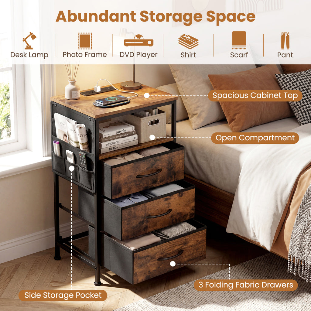 Nightstand with Charging Station 27.5 inch Modern Bedside Table with 3 Fabric Drawers-Rustic Brown