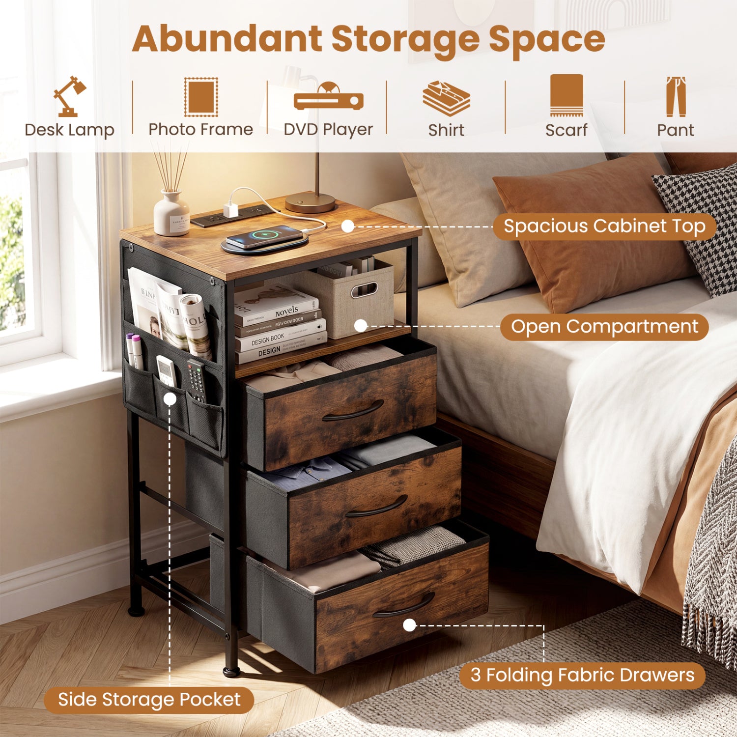 Nightstand with Charging Station 27.5 inch Modern Bedside Table with 3 Fabric Drawers-Rustic Brown
