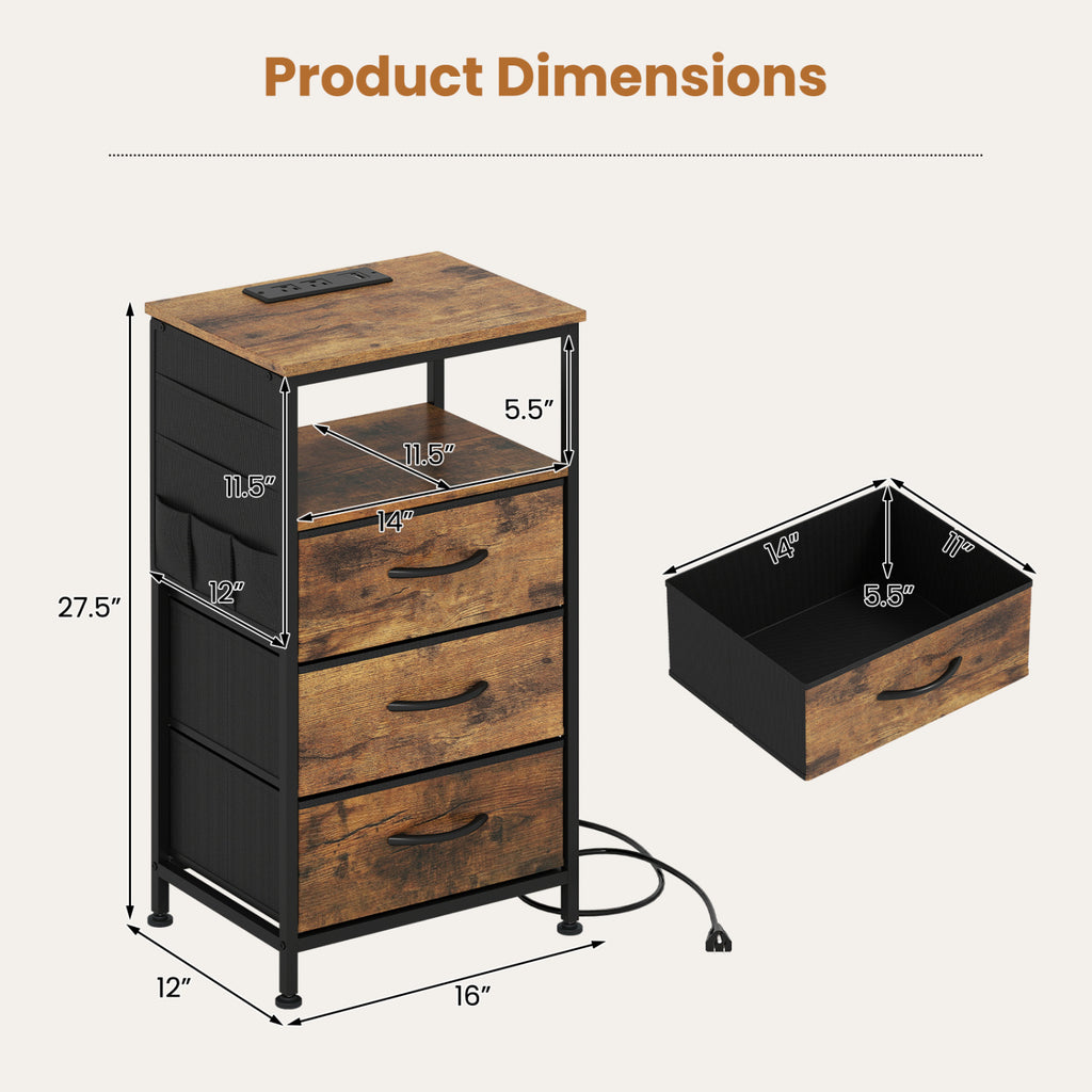 Nightstand with Charging Station 27.5 inch Modern Bedside Table with 3 Fabric Drawers-Rustic Brown
