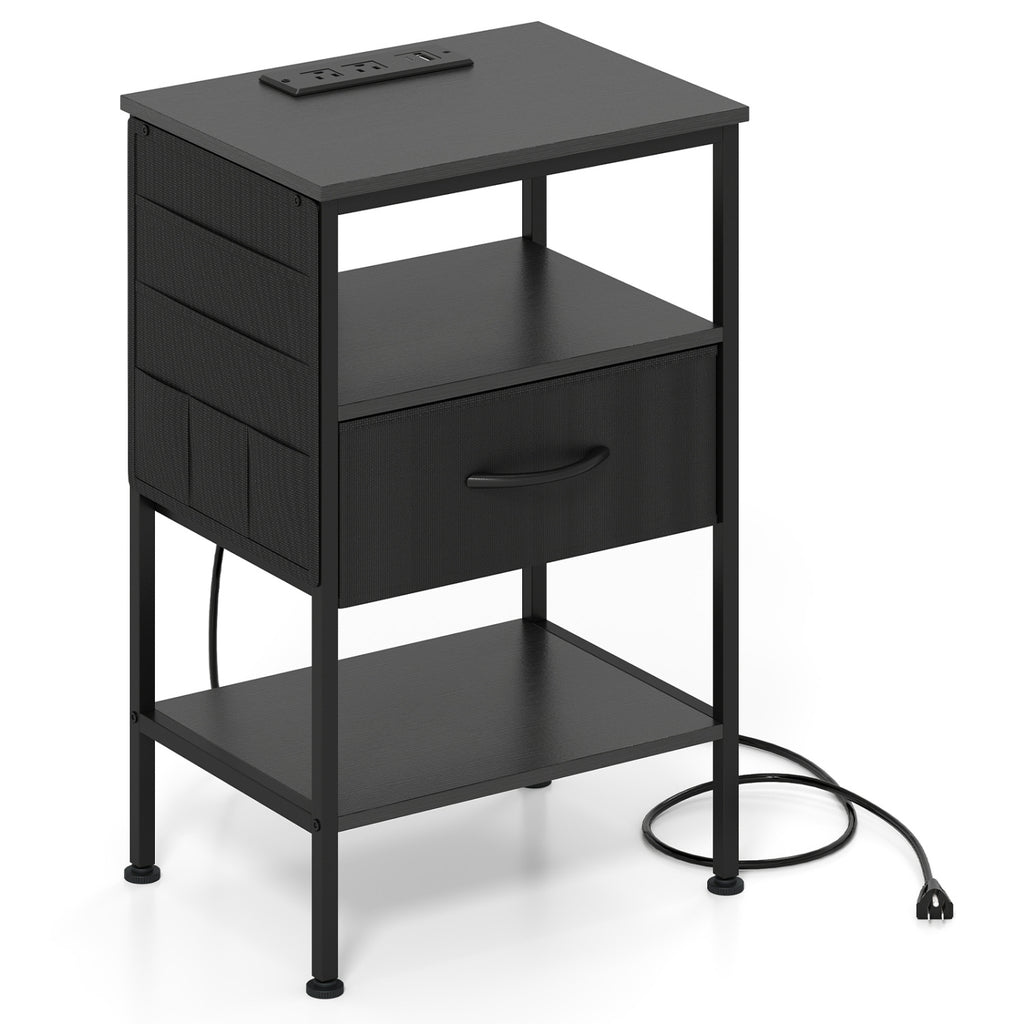 Nightstand with Charging Station 24.5 inch Modern Bedside Table with Fabric Drawer-Black
