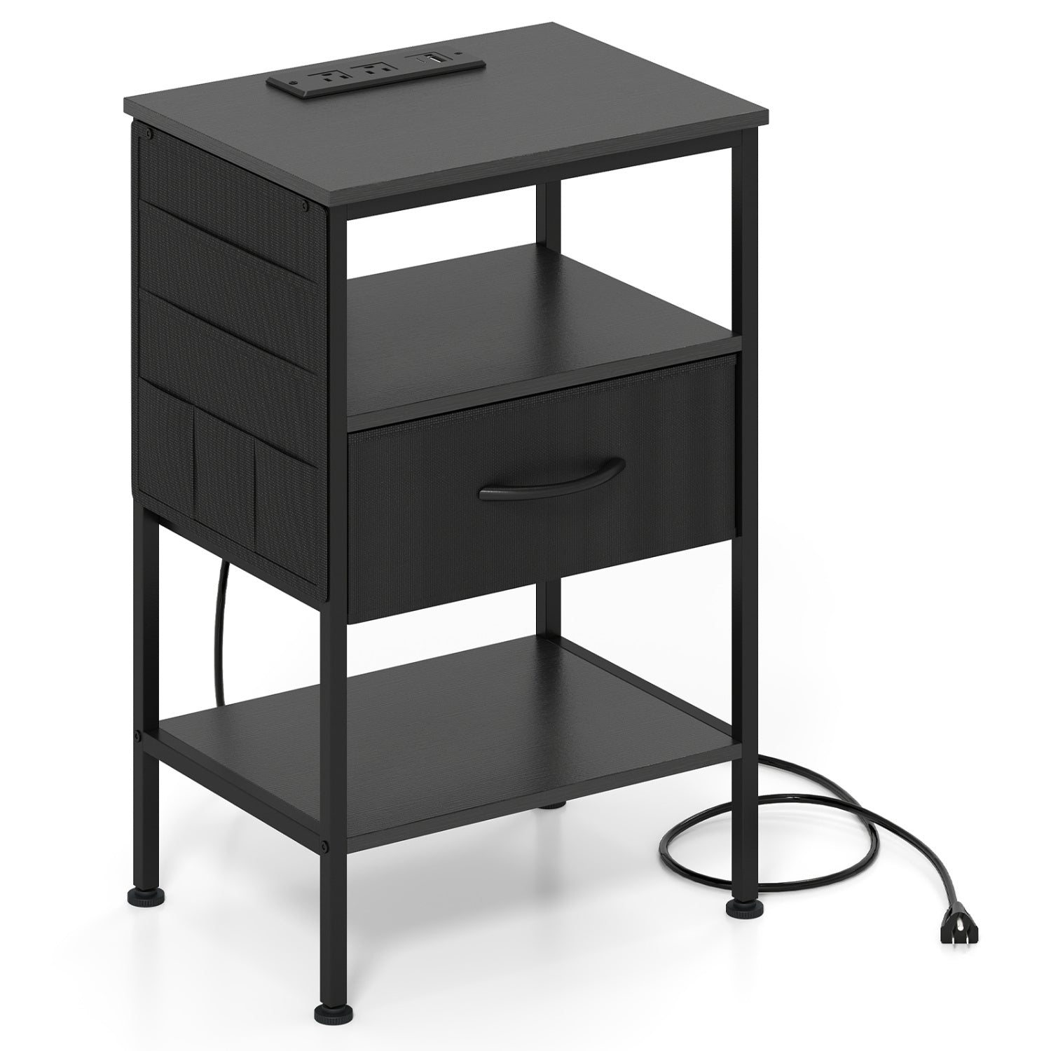 Nightstand with Charging Station 24.5 inch Modern Bedside Table with Fabric Drawer-Black