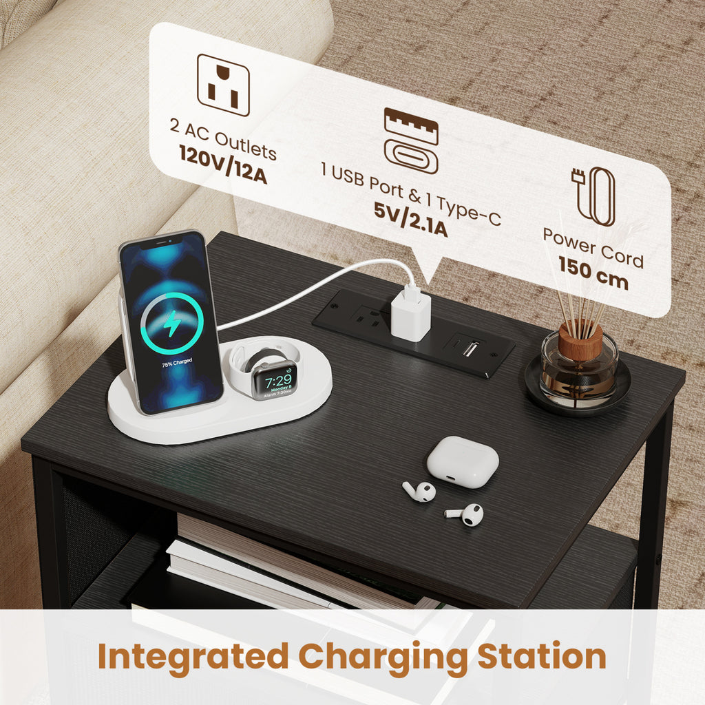 Nightstand with Charging Station 24.5 inch Modern Bedside Table with Fabric Drawer-Black