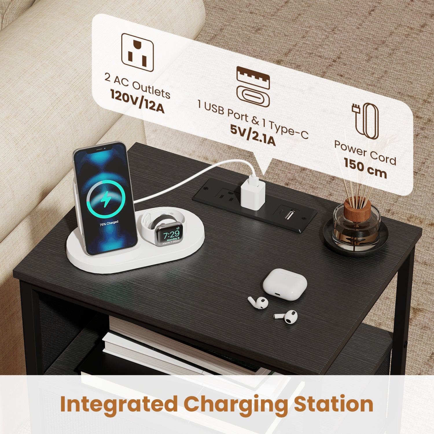 Nightstand with Charging Station 24.5 inch Modern Bedside Table with Fabric Drawer-Black