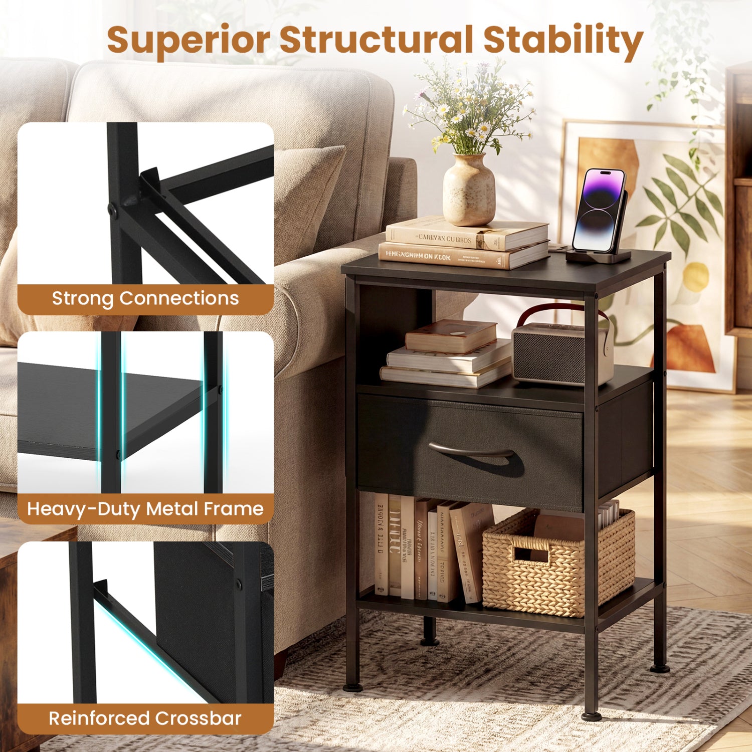 Nightstand with Charging Station 24.5 inch Modern Bedside Table with Fabric Drawer-Black